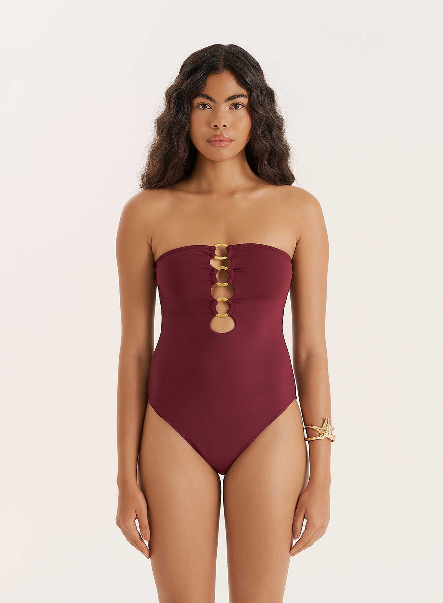 Burgundy Gold Ring Cut Out Bandeau Swimsuit